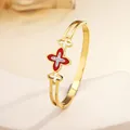 18k gold plated stainless steel open bangle featuring red clover and crystal accents - 110# Four-leaf Clover Red Sz681