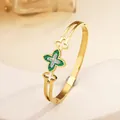 18k gold plated stainless steel clover bangle with green malachite style inlay - 111# Four-leaf Clover Green Sz682