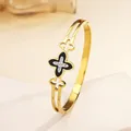 18k gold plated titanium cuff bracelet with a black clover and white zircon stones - 112# Four-leaf Clover Black Sz679