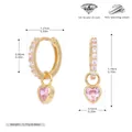 Detailed view of S925 silver gold heart earrings with pink zircon and dimensions - 925 Silver Gold Plated Pink