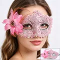 Detailed pink lace eye mask with floral accents and soft feathers for cosplay party - Pink