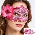 Detail of pink lace masquerade mask with floral accent, feathers and silver rhinestones - Rose Red