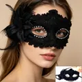 Elegant black lace masquerade mask with dark feathers and sparkling rhinestones for cosplay - Black