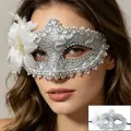Close-up of silver lace masquerade mask with faux pearls and white floral feather detail - White
