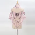 Pink lace shawl with butterfly embroidery and long tassel trim for women - Light Pink