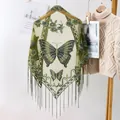 Green and cream lace shawl featuring embroidered butterflies and elegant fringe trim - Army Green