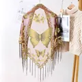 Pink and purple lace triangle shawl with gold butterfly embroidery and long tassels - Brown