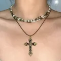 Collier double rang vintage avec perles blanches et pendentif croix gothique bronze - Bronze Rétro (Collier Croix Double Couche)
