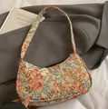 Floral corduroy baguette bag with vintage flower embroidery in warm red and blue tones - Pink Flower / 24*6*15cm