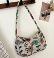 Floral corduroy shoulder bag in off-white featuring vintage knit floral patterns - Little Black Flower / 24*6*15cm