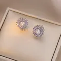 Detailed view of silver flower stud earrings with purple and white crystal petals - E1304--4