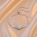 Adjustable silver sunflower bracelet with sparkling cubic zirconia on champagne silk - Ts0194 Steel Color--2