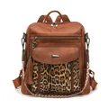 Detail view of brown PU leather backpack with leopard print and ethnic pattern strap - Double Brown with Leopard Print