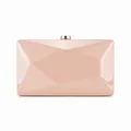 Close-up of pale pink evening clutch featuring geometric faceted surface and gold clasp - Pink