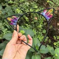 Cat ear headband with rainbow aura quartz crystals and black wire wrap detail - No.50 Aura Rainbow Gradient