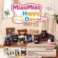 Black cat resin blind box ornaments in various poses like holding fish and tea - 80299 Meow Meow Happy Day Box 6 / Random