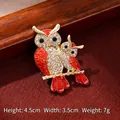 Cute owl brooch in gold with red enamel and rhinestones, size 4.5cm by 3.5cm - Red Enamel Rhinestone Gold Large and Small Owls (MTY0010)