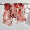 Lightweight sheer long scarf featuring a vintage reddish-brown leaf print and silk texture - Red and Yellow Leaf