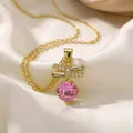 Detail of gold necklace with bowknot zircon design and round pink gemstone on silk - Golden Bowknot Pink Gem Style (X0627--1) / Gold