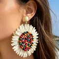 Bohemian large white raffia flower earrings with colorful beads for summer beach vacations - White Sunflower Style