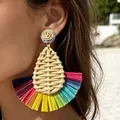 Bohemian rainbow raffia fan earrings with beige woven detail for summer beach style - 32732-ear-colour-ep