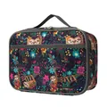 Insulated lunch bag featuring black fabric with colorful floral and sloth patterns - Sloth