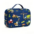 Navy blue oxford lunch bag with construction vehicle patterns and double zippers - Excavator