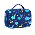 Blue Oxford lunch bag with space dinosaur print, featuring dual zippers and top handle - Space Dinosaur