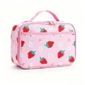 Pink insulated lunch bag with red strawberry pattern, carry handle and front pocket - Strawberry