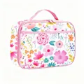 Portable floral lunch bag with pink handles and secure double zipper closure - Floral