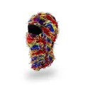 Colorful distressed balaclava knit ski mask with frayed fringes in red, blue and yellow - One Size / Rainbow Mix