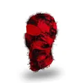 Red and black distressed knit balaclava with unique one-eye cover and frayed texture - One Size / Black and Red Mix