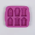 Purple silicone mold featuring 6 unique Halloween tombstone shapes with RIP engravings - 6-Cavity Tombstone / Purple