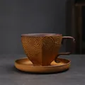 Vintage ceramic coffee cup and saucer set with brown embossed concentric textures - 268 Hexagonal Swirl Cup + Saucer (brown) 200ml / Universal