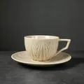Japanese style retro ceramic coffee cup and saucer set with 3D leaf pattern in cream - 202-i Luanfeng Coffee Cup + Saucer Black Dot Light Coffee 250ml (pearl Cotton Packaging) / Universal