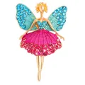 Broche de bailarina dorada con alas de cristal azul y falda de esmalte rosa intenso - Alas Azules