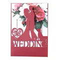 Laser-cut red glitter wedding invitation card featuring bride, groom, and dog silhouette - Burgundy