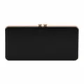 Detail view of a black rectangular clutch bag with a metallic gold clip and glossy finish - Black