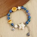 Blue marble beads and ceramic sea star bracelet with silver star shell charms - 1773-02 Kiln Star