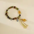 Jingdezhen ceramic beaded bracelet with green agate and lucky charm pendant - Qing Lan Butterfly Whisper Style (1686-01)