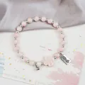 Pink ceramic bead bracelet with Pingan charm, flower pendant and silver bell - Safety Bell Flower Style (1743-01) / Pink
