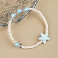 Blue and white ceramic beaded bracelet with starfish charm on ripple glass - Blue Bubble Style (1756-02) / Sky Blue