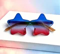 Star-shaped rimless sunglasses with blue-yellow-red gradient lenses and amber temples - Pentagram C2
