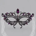 Luxury butterfly masquerade mask with deep purple rhinestones and white organza ribbons - Purple Rhinestone Half Mask Fs-j151szs