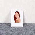 Minimalist silver bead stud earrings presented on a stylish woman illustration card - 6x9cm