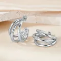 Polished silver triple-layered C-shaped hoop earrings with butterfly backings - Silver