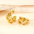 Elegant triple-layered gold C-shape hoop earrings with a polished mirror finish for women - Gold