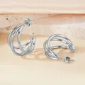 Chic silver-colored triple-layer C-shaped hoop earrings with a high-polished metallic finish - Thin Round Wire Medium Size / Silver