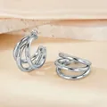Polished silver triple-layered C-shape hoop earrings for women with sleek metal finish - Thick Round Wire Medium Size / Silver