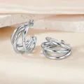 Silver multi-layered C-shaped hoop earrings with a polished triple-ring design - Thick Round Wire Large Size / Silver